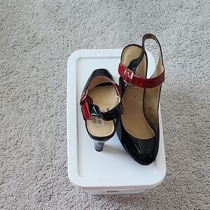 Steve Madden Black Patent Heels with Red Strap 3.5 Heels